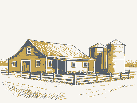 Decorative drawing: an American farmstead: a house, a barn and silos behind a rail fence. Not a photograph of this place.