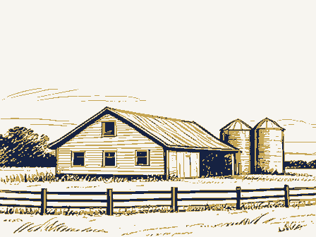 Decorative drawing: an American farmstead: a house, a barn and silos behind a rail fence. Not a photograph of this place.