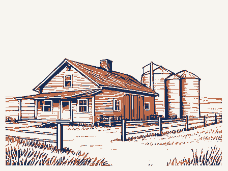 Decorative drawing: an American farmstead: a house, a barn and silos behind a rail fence. Not a photograph of this place.