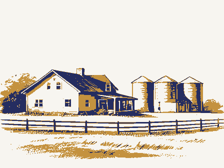 Decorative drawing: an American farmstead: a house, a barn and silos behind a rail fence. Not a photograph of this place.