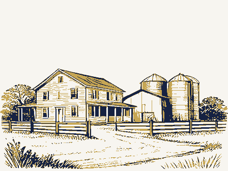 Decorative drawing: an American farmstead: a house, a barn and silos behind a rail fence. Not a photograph of this place.