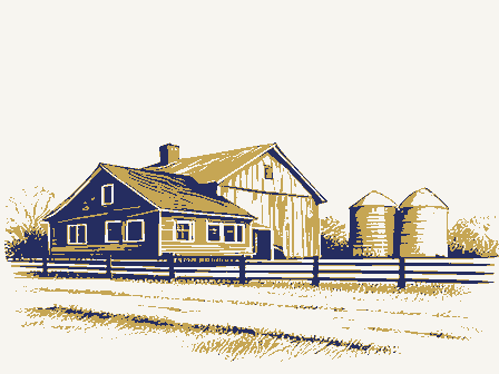 Decorative drawing: an American farmstead: a house, a barn and silos behind a rail fence. Not a photograph of this place.