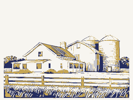 Decorative drawing: an American farmstead: a house, a barn and silos behind a rail fence. Not a photograph of this place.