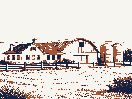 Decorative drawing: an American farmstead: a house, a barn and silos behind a rail fence. Not a photograph of this place.