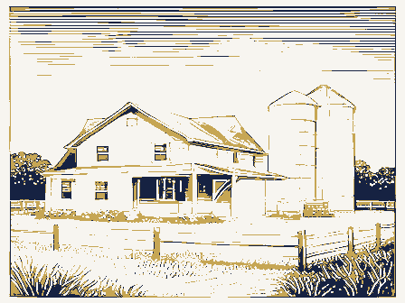 Decorative drawing: an American farmstead: a house, a barn and silos behind a rail fence. Not a photograph of this place.