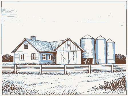 Decorative drawing: an American farmstead: a house, a barn and silos behind a rail fence. Not a photograph of this place.