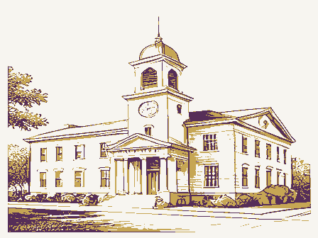 Decorative drawing: a civic town hall with a clock tower and a portico. Not a photograph of this place.