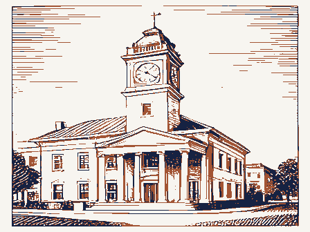 Decorative drawing: a civic town hall with a clock tower and a portico. Not a photograph of this place.
