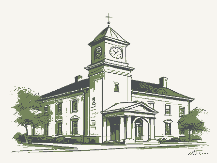 Decorative drawing: a civic town hall with a clock tower and a portico. Not a photograph of this place.