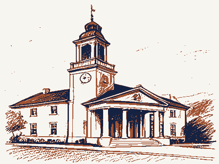 Decorative drawing: a civic town hall with a clock tower and a portico. Not a photograph of this place.
