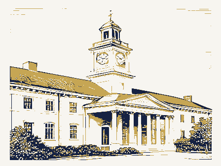 Decorative drawing: a civic town hall with a clock tower and a portico. Not a photograph of this place.