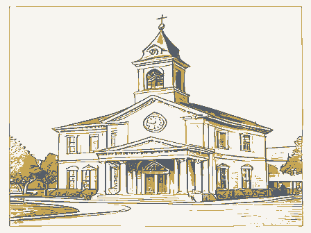 Decorative drawing: a civic town hall with a clock tower and a portico. Not a photograph of this place.