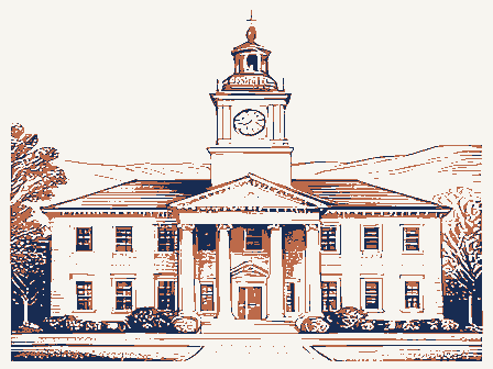 Decorative drawing: a civic town hall with a clock tower and a portico. Not a photograph of this place.