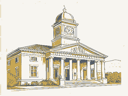 Decorative drawing: a civic town hall with a clock tower and a portico. Not a photograph of this place.