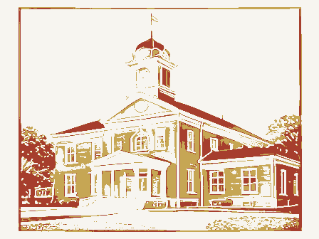 Decorative drawing: a civic town hall with a clock tower and a portico. Not a photograph of this place.