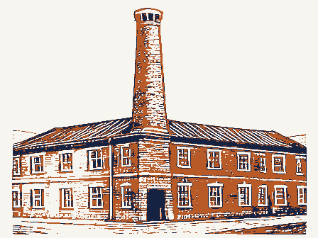 Decorative drawing: a brick factory with a tall chimney and rows of windows. Not a photograph of this place.