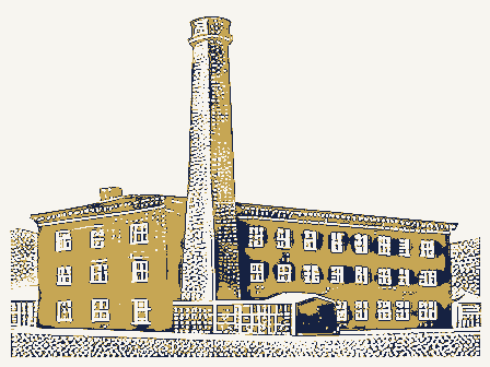 Decorative drawing: a brick factory with a tall chimney and rows of windows. Not a photograph of this place.