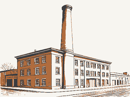 Decorative drawing: a brick factory with a tall chimney and rows of windows. Not a photograph of this place.