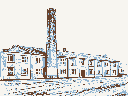 Decorative drawing: a brick factory with a tall chimney and rows of windows. Not a photograph of this place.