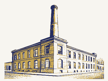 Decorative drawing: a brick factory with a tall chimney and rows of windows. Not a photograph of this place.