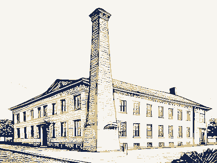 Decorative drawing: a brick factory with a tall chimney and rows of windows. Not a photograph of this place.