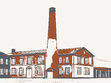 Decorative drawing: a brick factory with a tall chimney and rows of windows. Not a photograph of this place.