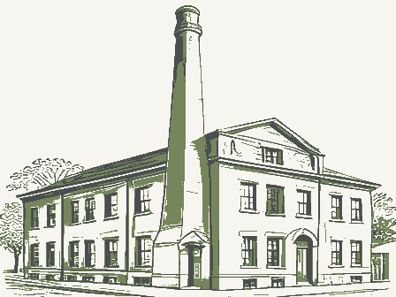Decorative drawing: a brick factory with a tall chimney and rows of windows. Not a photograph of this place.