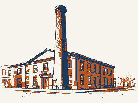 Decorative drawing: a brick factory with a tall chimney and rows of windows. Not a photograph of this place.