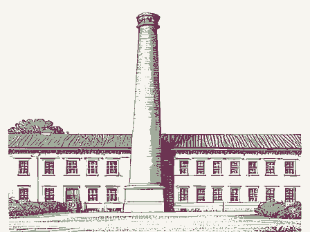 Decorative drawing: a brick factory with a tall chimney and rows of windows. Not a photograph of this place.