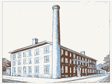 Decorative drawing: a brick factory with a tall chimney and rows of windows. Not a photograph of this place.