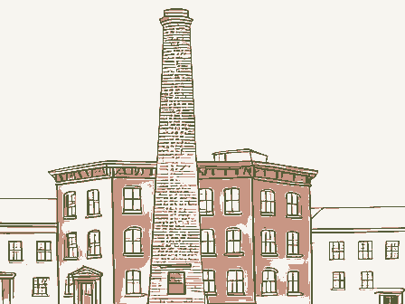 Decorative drawing: a brick factory with a tall chimney and rows of windows. Not a photograph of this place.