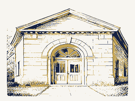 Decorative drawing: a small public library with an arched doorway. Not a photograph of this place.