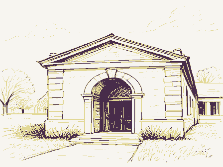 Decorative drawing: a small public library with an arched doorway. Not a photograph of this place.