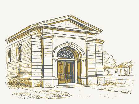 Decorative drawing: a small public library with an arched doorway. Not a photograph of this place.
