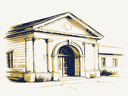 Decorative drawing: a small public library with an arched doorway. Not a photograph of this place.