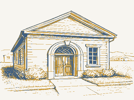 Decorative drawing: a small public library with an arched doorway. Not a photograph of this place.