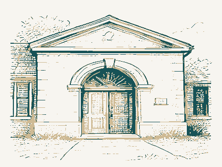 Decorative drawing: a small public library with an arched doorway. Not a photograph of this place.