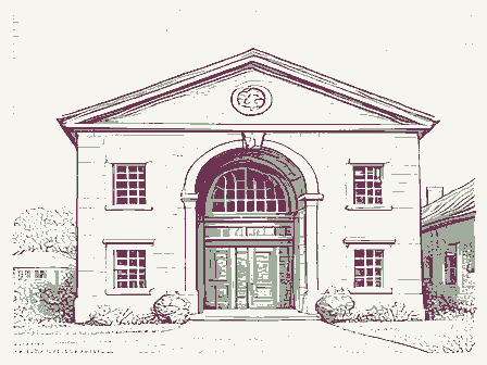 Decorative drawing: a small public library with an arched doorway. Not a photograph of this place.