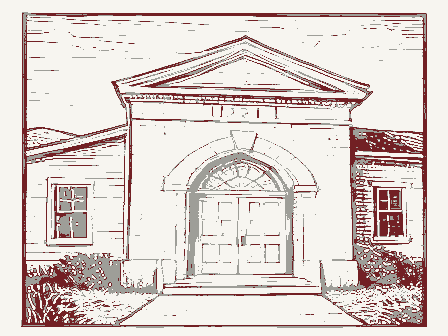 Decorative drawing: a small public library with an arched doorway. Not a photograph of this place.