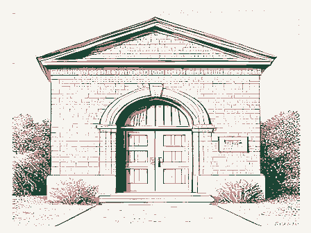 Decorative drawing: a small public library with an arched doorway. Not a photograph of this place.