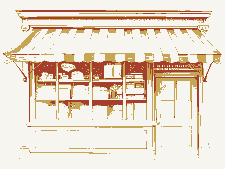 Decorative drawing: a nineteenth-century shop front seen close. Not a photograph of this place.