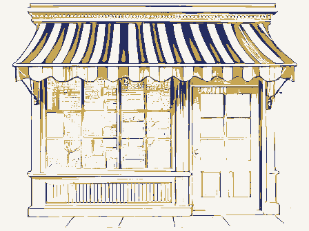 Decorative drawing: a nineteenth-century shop front seen close. Not a photograph of this place.