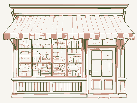 Decorative drawing: a nineteenth-century shop front seen close. Not a photograph of this place.