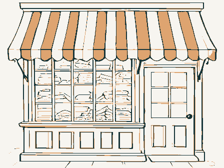 Decorative drawing: a nineteenth-century shop front seen close. Not a photograph of this place.