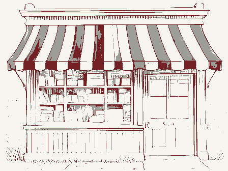 Decorative drawing: a nineteenth-century shop front seen close. Not a photograph of this place.