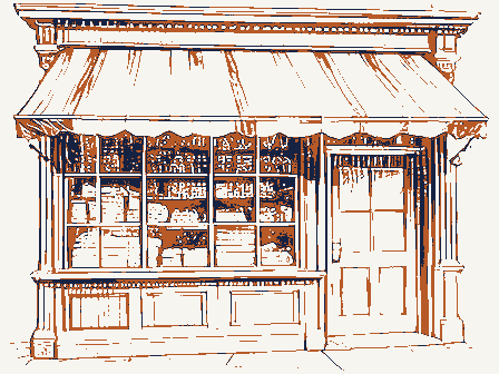 Decorative drawing: a nineteenth-century shop front seen close. Not a photograph of this place.