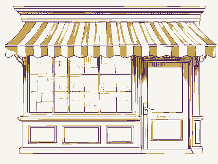 Decorative drawing: a nineteenth-century shop front seen close. Not a photograph of this place.