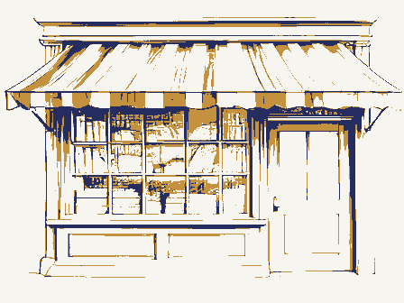 Decorative drawing: a nineteenth-century shop front seen close. Not a photograph of this place.