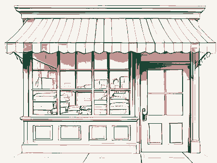 Decorative drawing: a nineteenth-century shop front seen close. Not a photograph of this place.