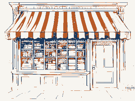 Decorative drawing: a nineteenth-century shop front seen close. Not a photograph of this place.